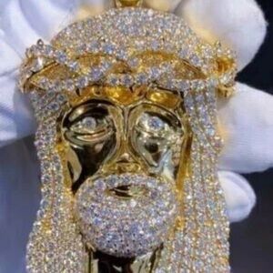 Real Moissanite 3Ct Round Cut Jesus Face Pendant 14k Yellow Gold Plated 2 Inch